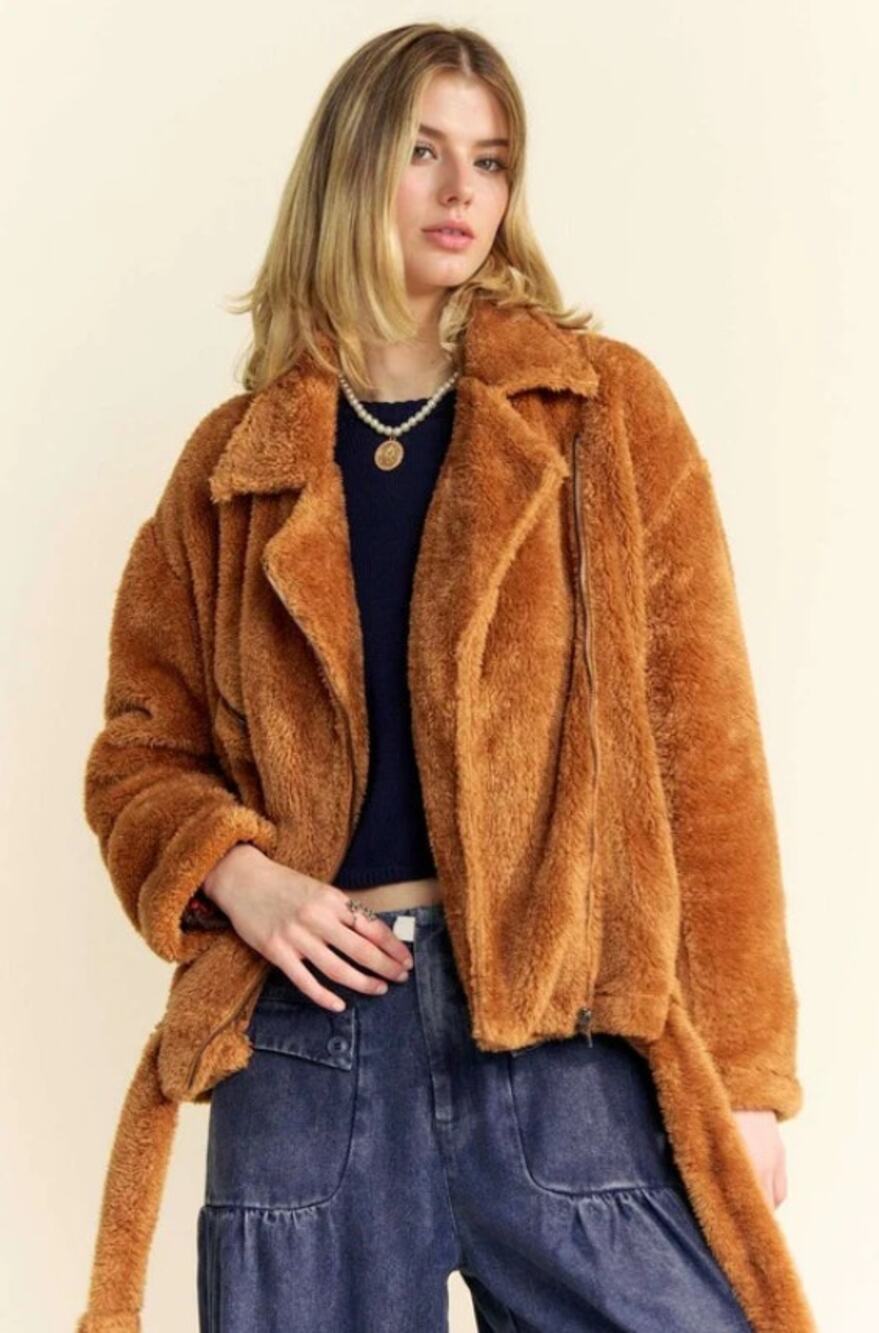 NWT Davi & Dani Fuzzy Sherpa Moto Jacket Women Size S Caramel Brown Cozy Zip $60